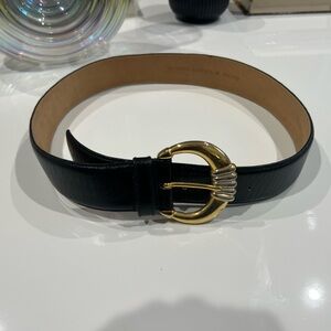 Vintage Amanda Smith Black Leather Belt with Gold & Silver Buckle 90s